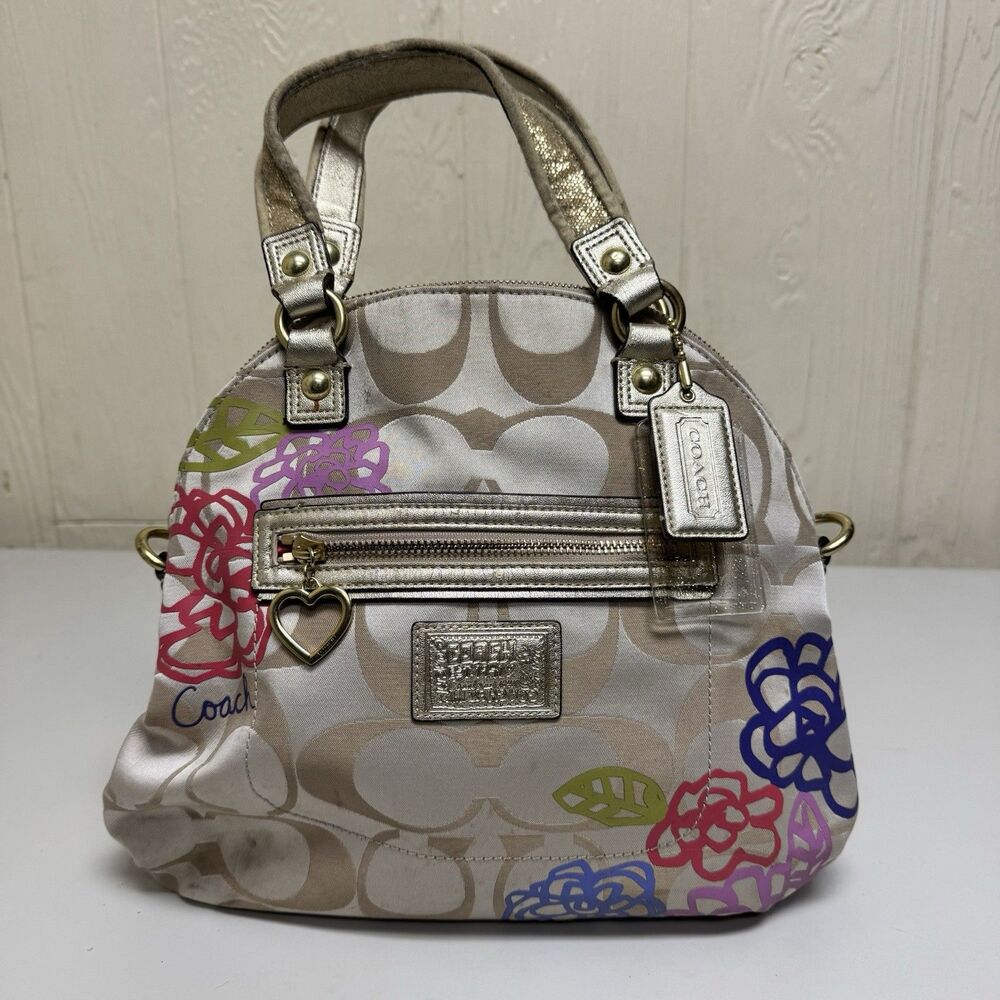Coach Poppy Daisy Floral Gold Shimmer Floral Crossbody Bag Satchel w/ Coin Purse